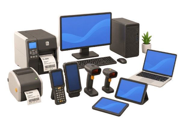 Equipamentos de automação atendidos pela AES Code: impressoras térmicas, coletores de dados, leitores de código de barras, desktops e tablets